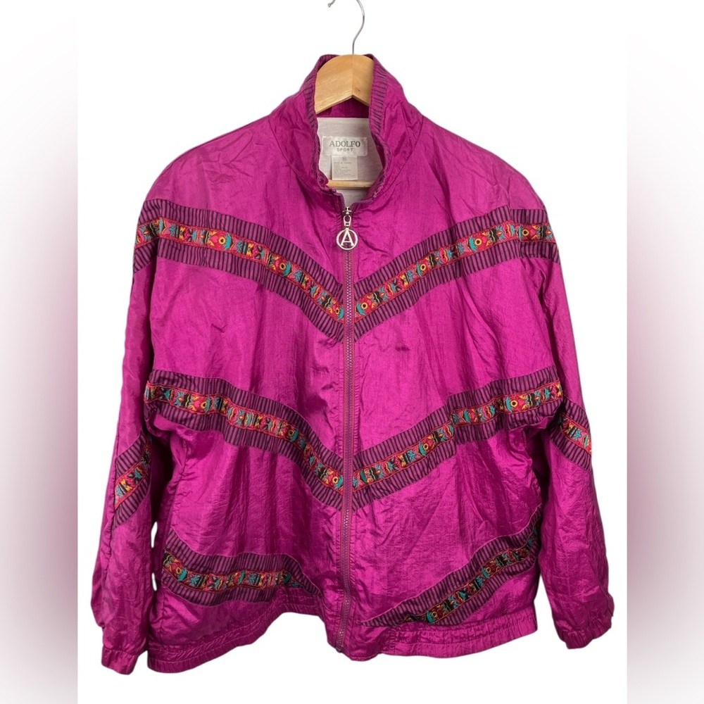 Retro 90s Windsuit Jacket Magenta Purple Folk Art Ribbon Granny